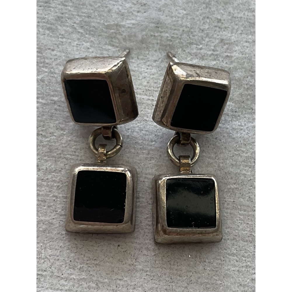 Vintage 925 Sterling Silver Double Square Dangle Post Earrings Estate Jewelry